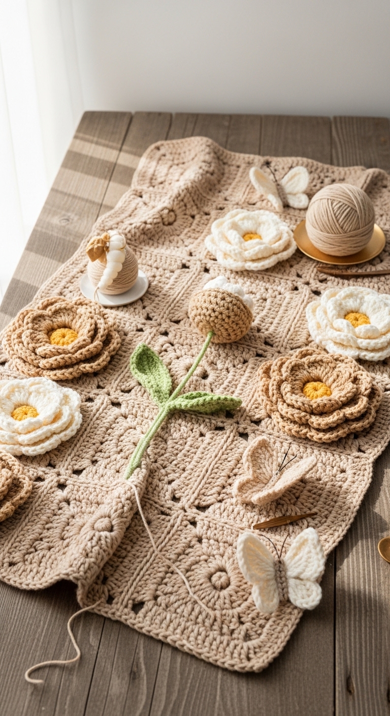 free crochet blooming spring blanket with crochet big 3d flowers and cute butterflies