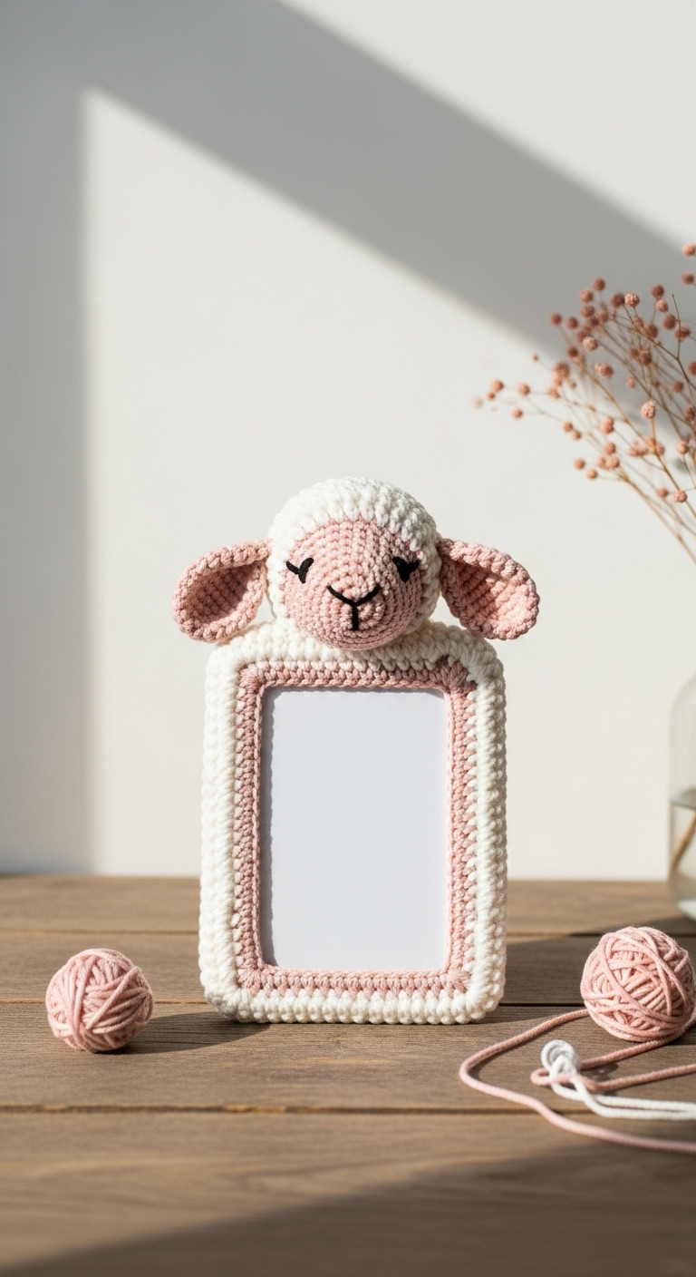 crochet lamb photo frame to keep your loved one in fancy way