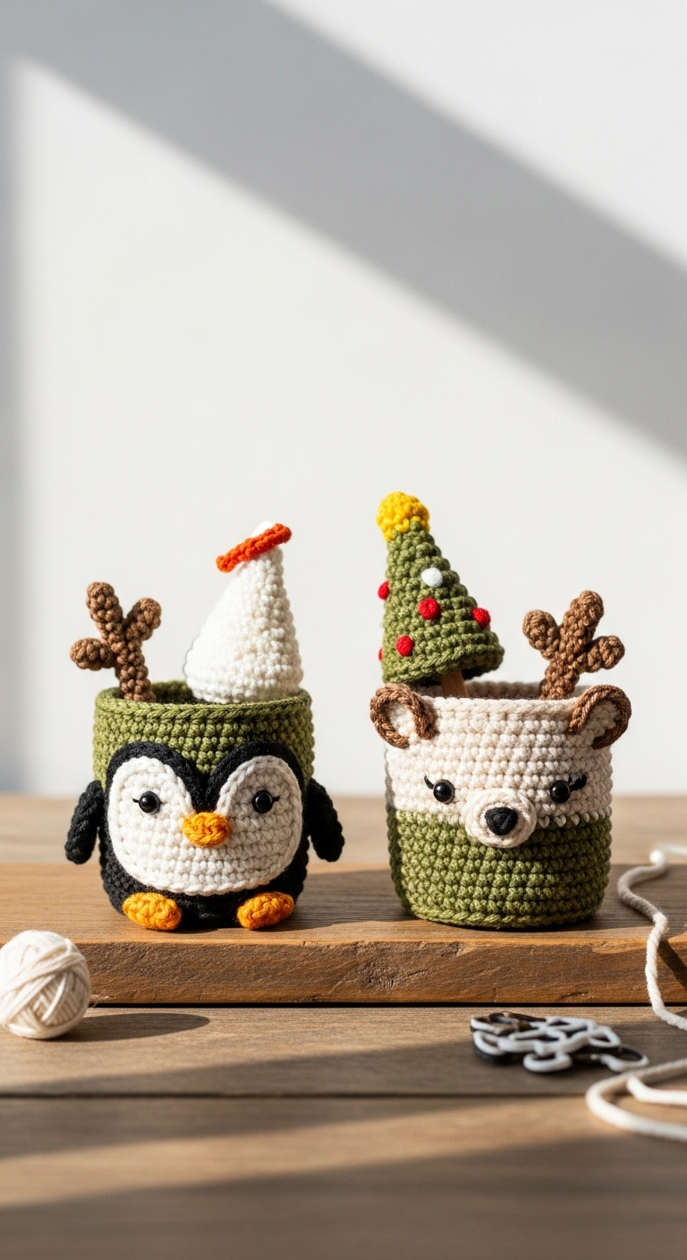penguin and reindeer christmas mini cups free crochet pattern