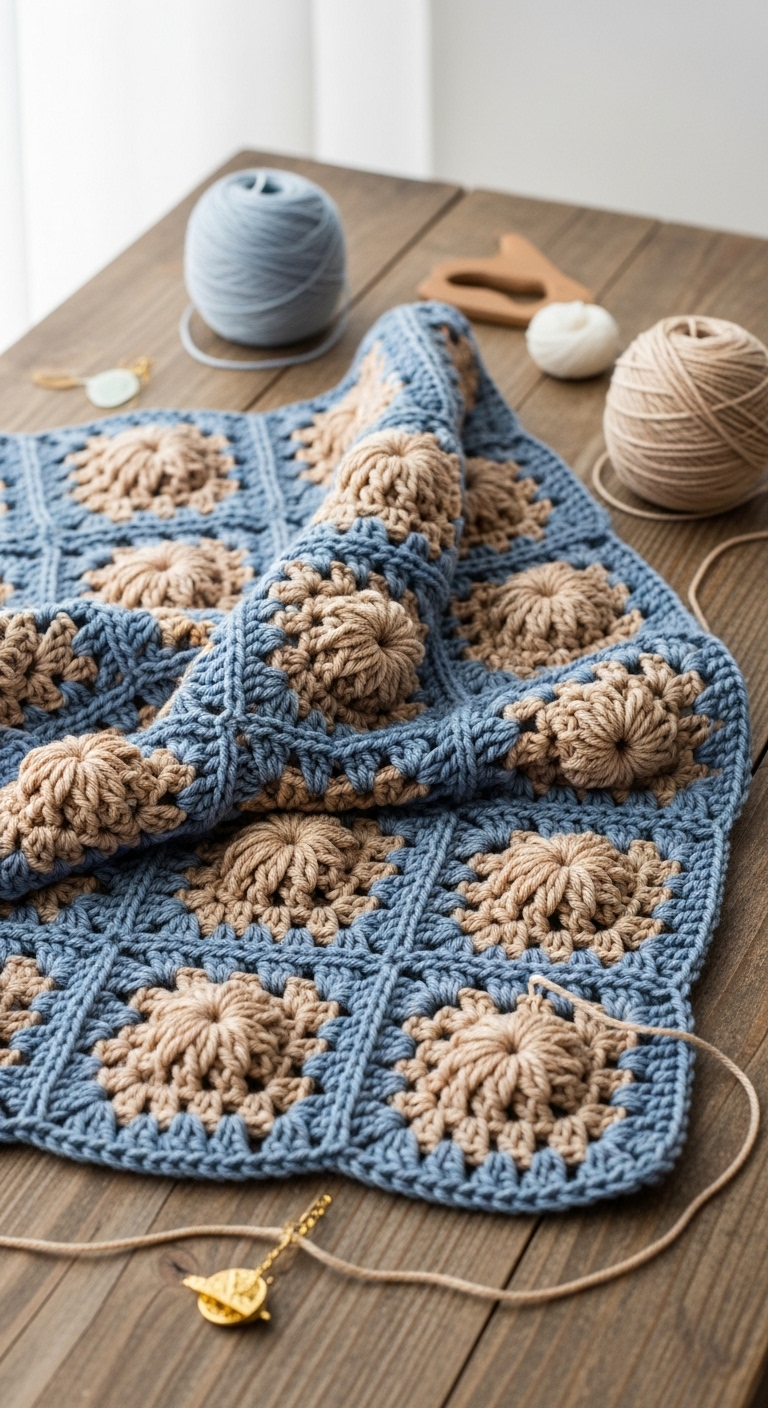 crochet rosemary blanket made with granny stitch and decorated with puff stitches