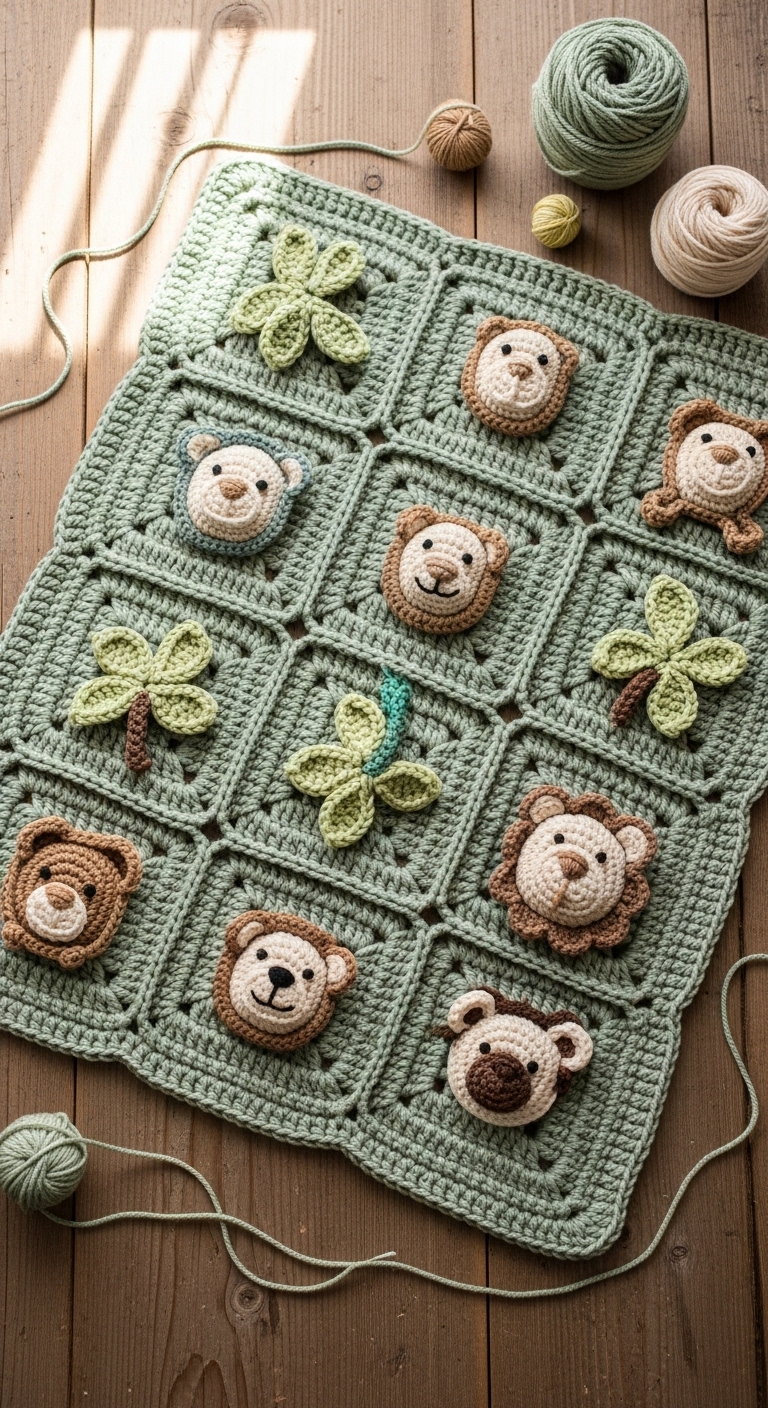 crochet safari blanket with 9 jungle animal appliques
